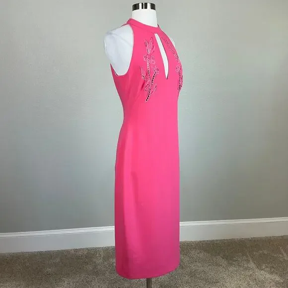 Aidan Mattox Beaded Cut Out Midi Sheath Cocktail Dress Coral Pink Size 6 - Picture 3 of 11